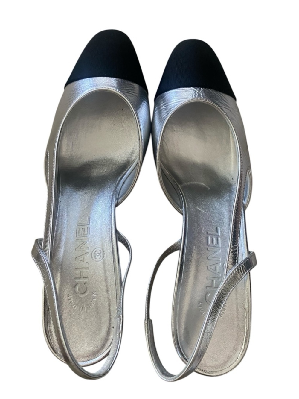 CHANEL Rare Silver Slingback Heels Cap Toe 39 Iconic Pumps Worn 3x - Picture 3 of 16